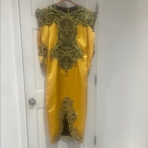 Gold Embellished Satin Evening Dress with Black Beaded Detail